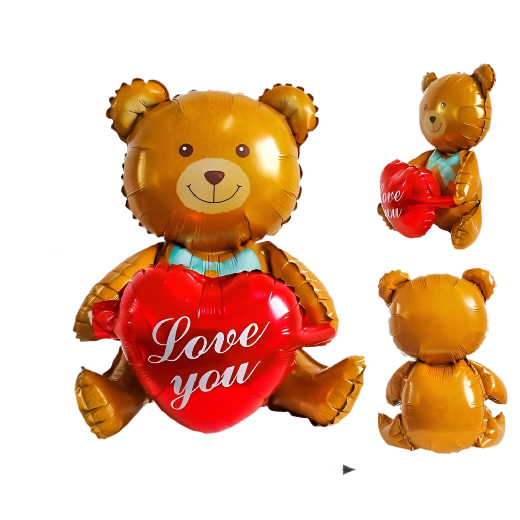 Ballon en forme d’ours brun tenant un cœur rouge avec l’inscription ‘Love You'.