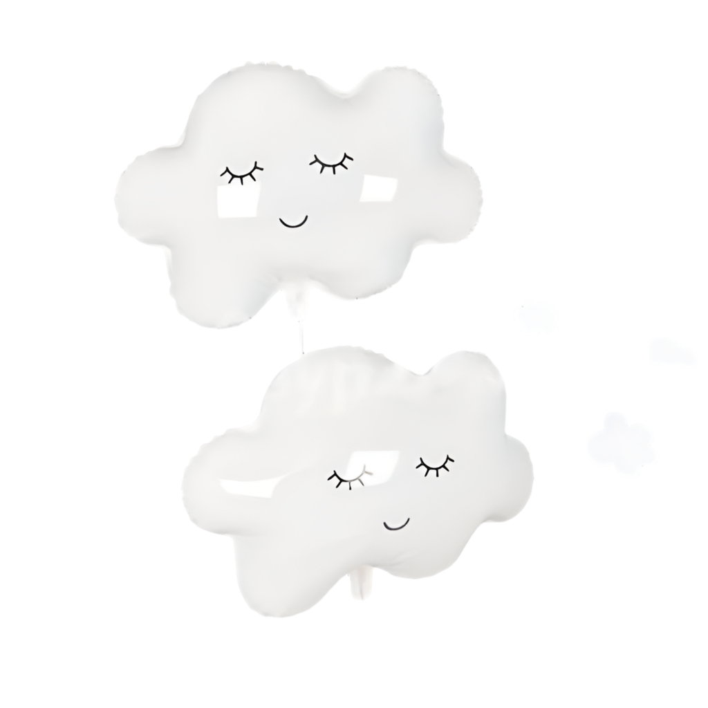Ballon nuage blanc au visage endormi, gonflé à l'hélium, fond blanc