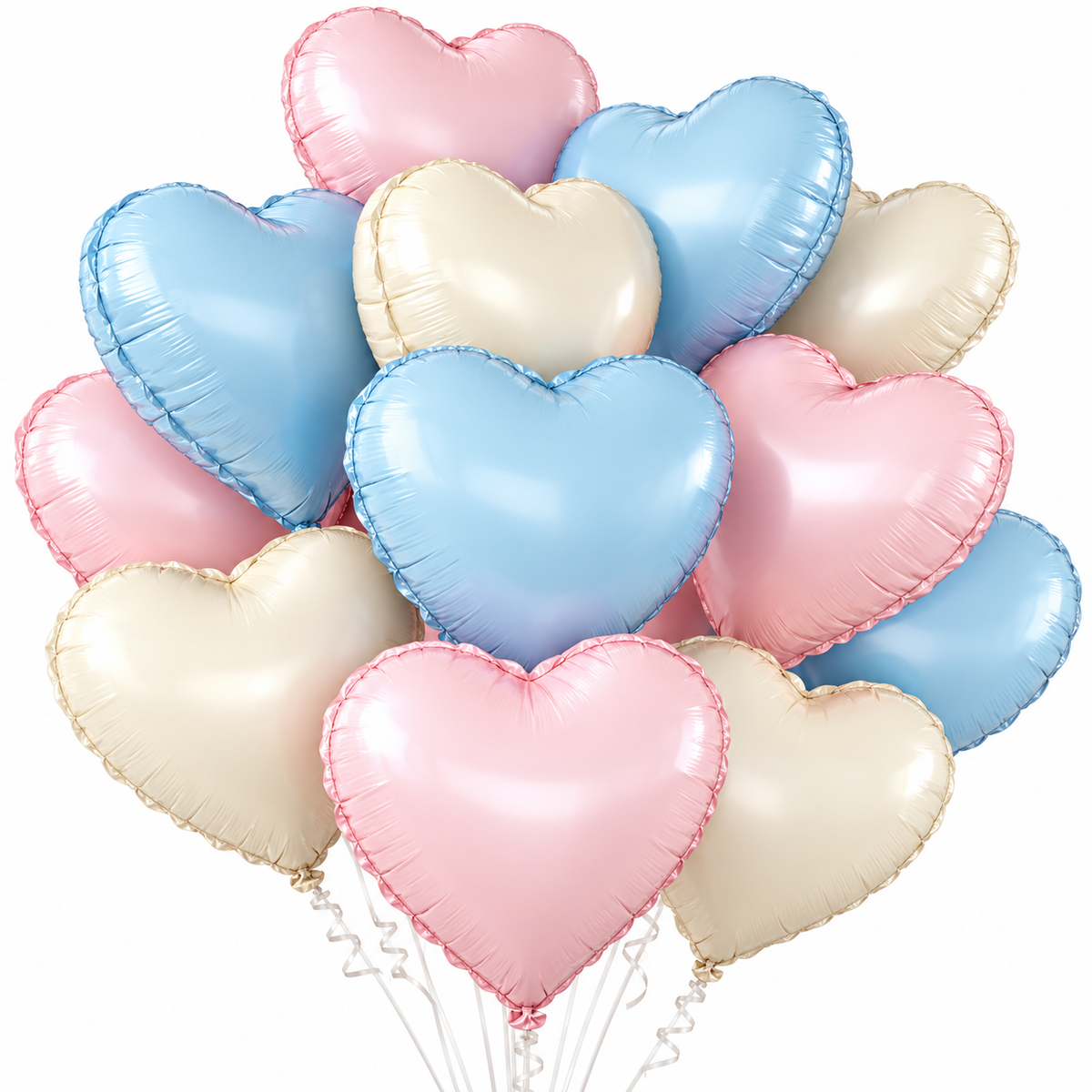 Ballons cœur bleu ciel, rose pâle et crème du bouquet de ballons Boy and Girl, fond blanc