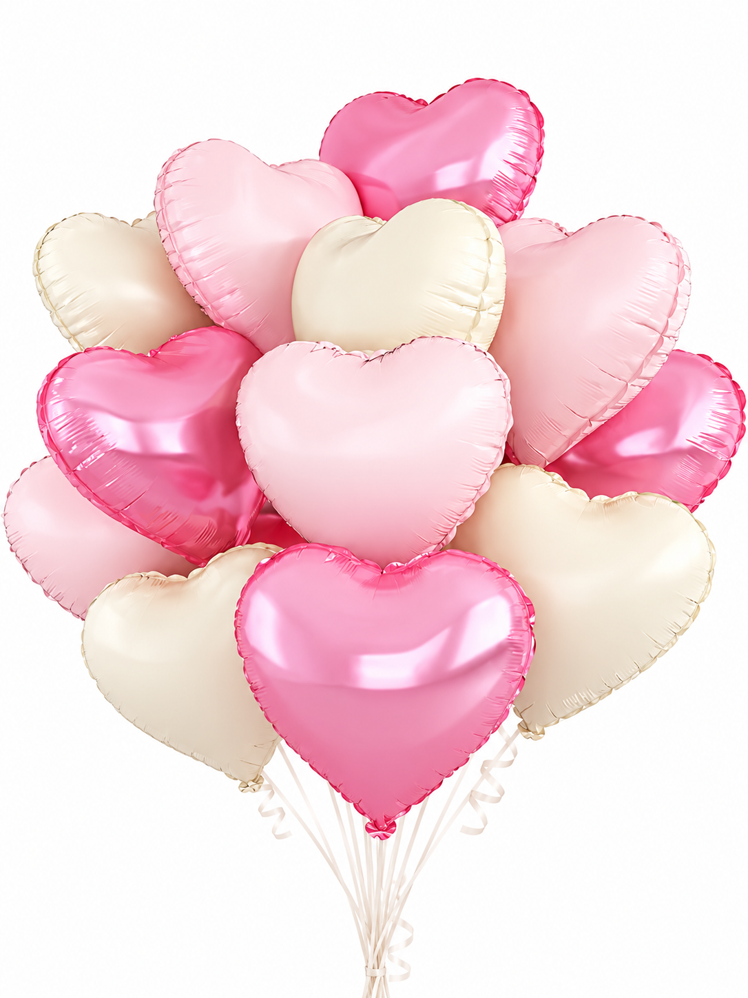 Ballons cœur rose bonbon, rose pâle et crème du bouquet douceur sucrée, fond blanc