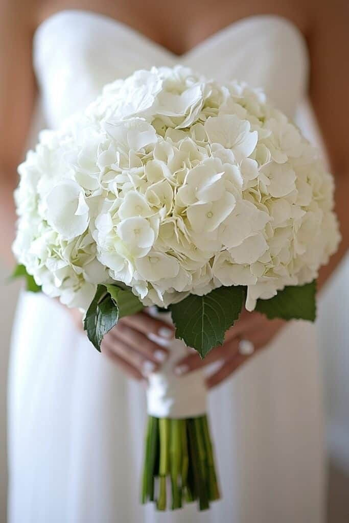 Mariée en robe bustier tenant le bouquet de mariée Alexandra d'hortensias blancs