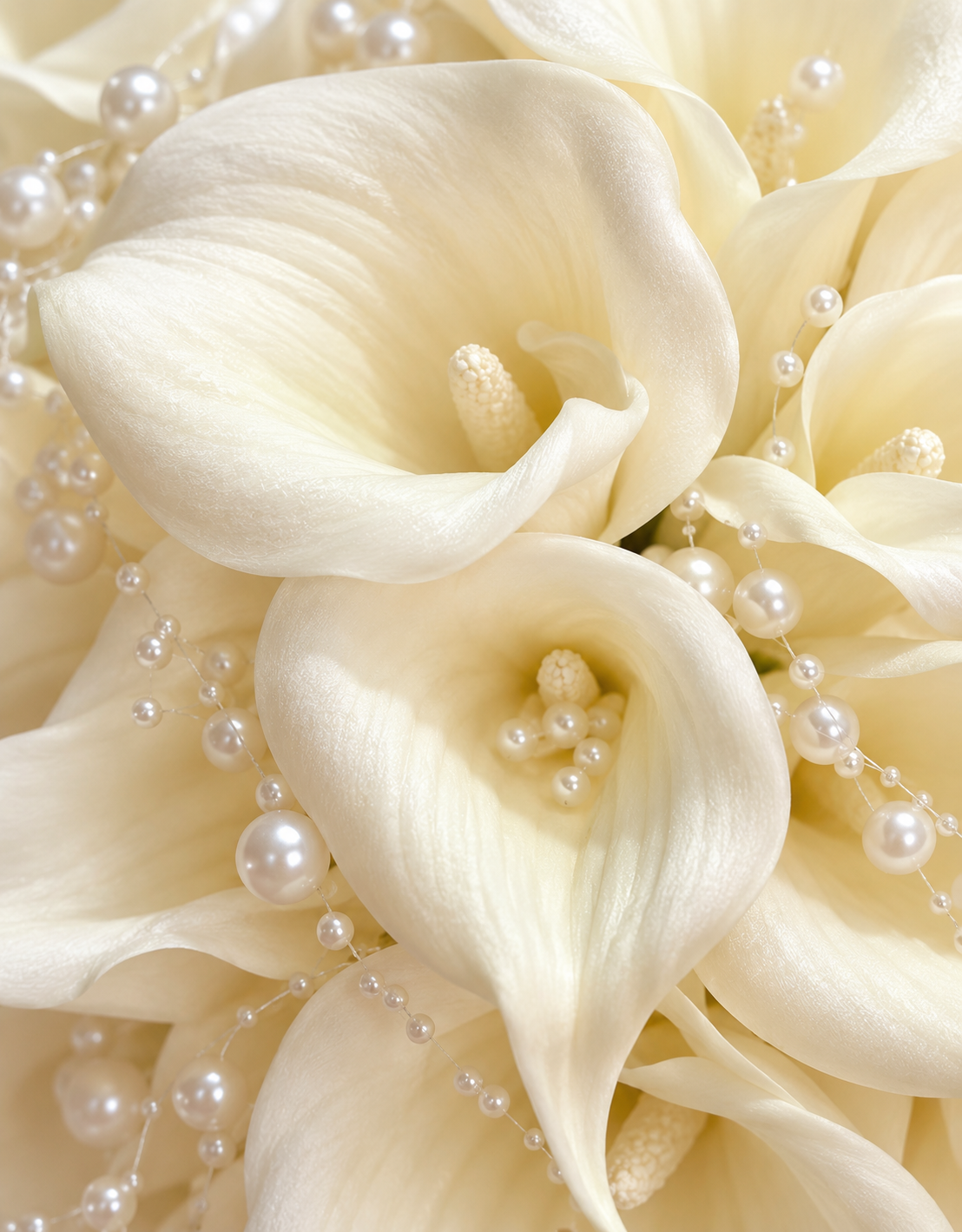 Gros plan sur les arums blanc crème et les perles du bouquet de mariée Leonore