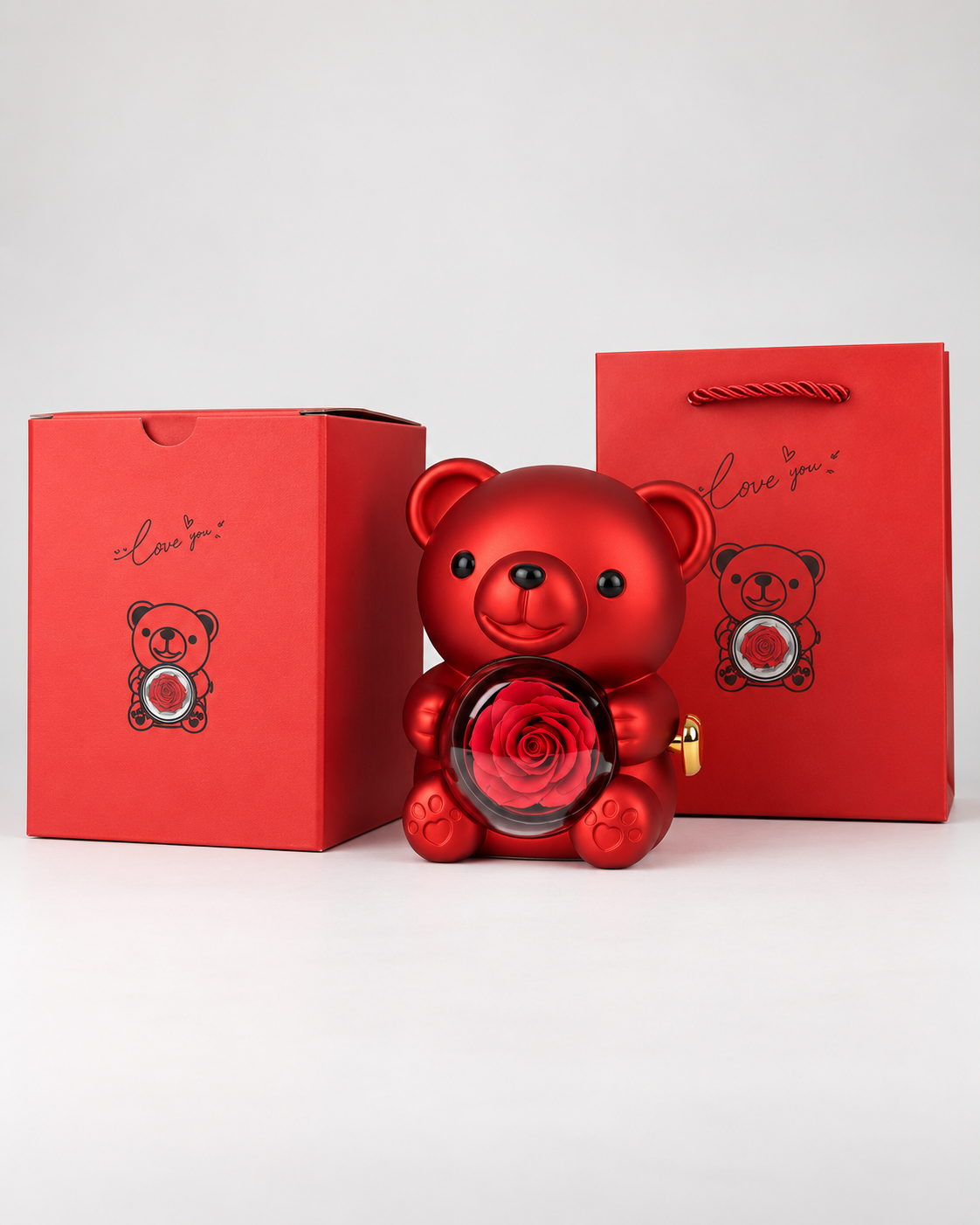 Ourson Précieux rouge avec sa boîte cadeau rouge et son sac assorti