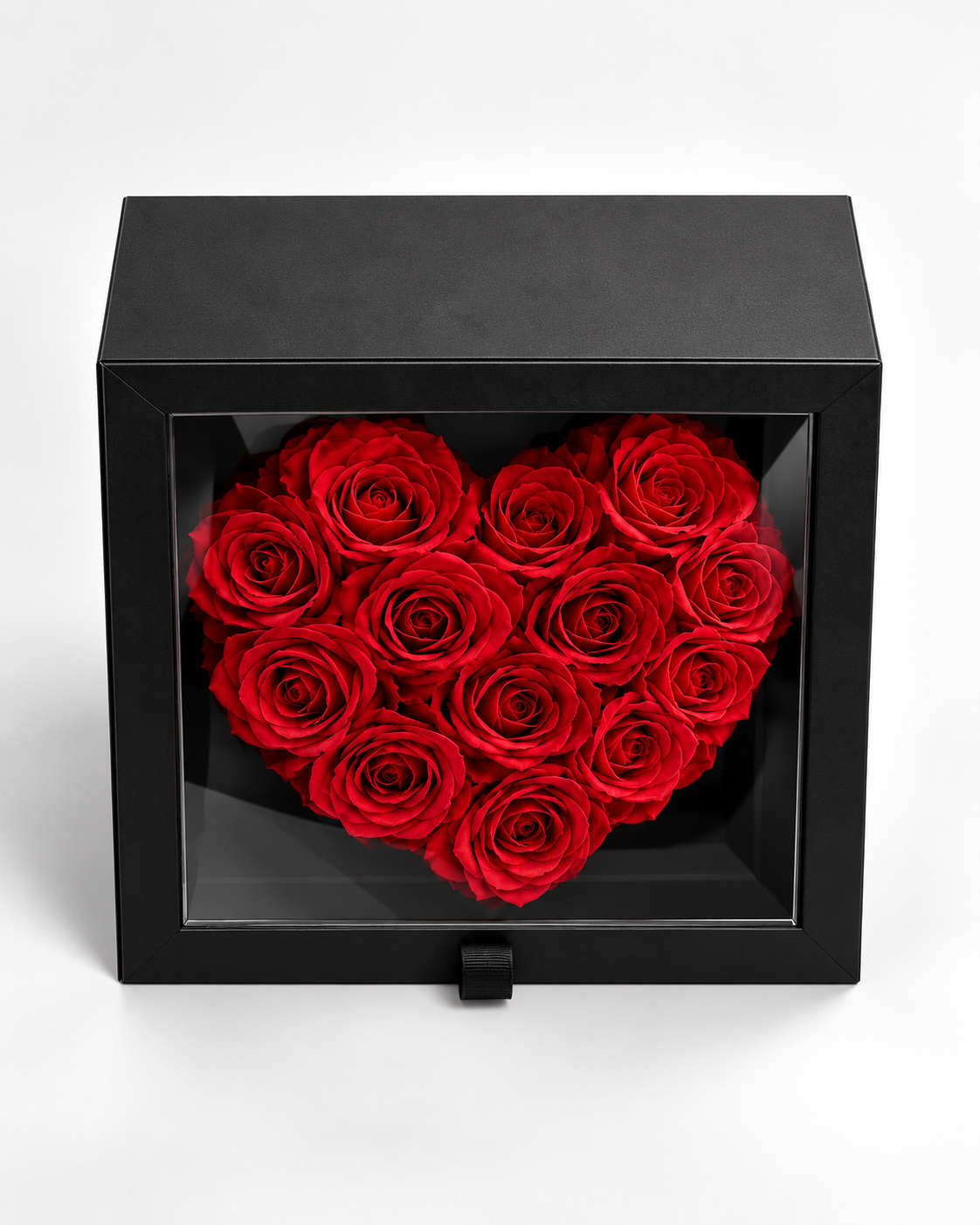 Coffret belle pensée – Cœur de roses éternelles rouges en boîte noire