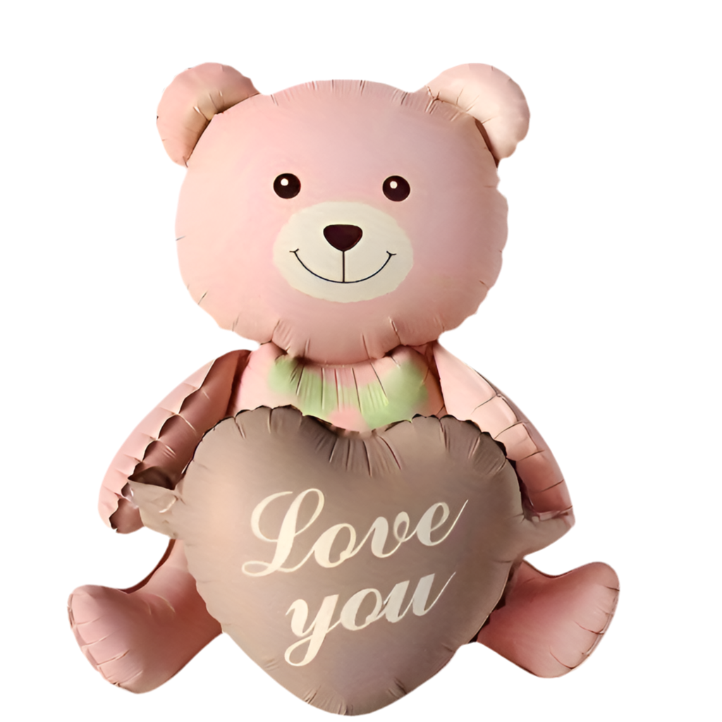 Ballon en forme d’ours rose tenant un cœur rose avec l’inscription ‘Love You'.
