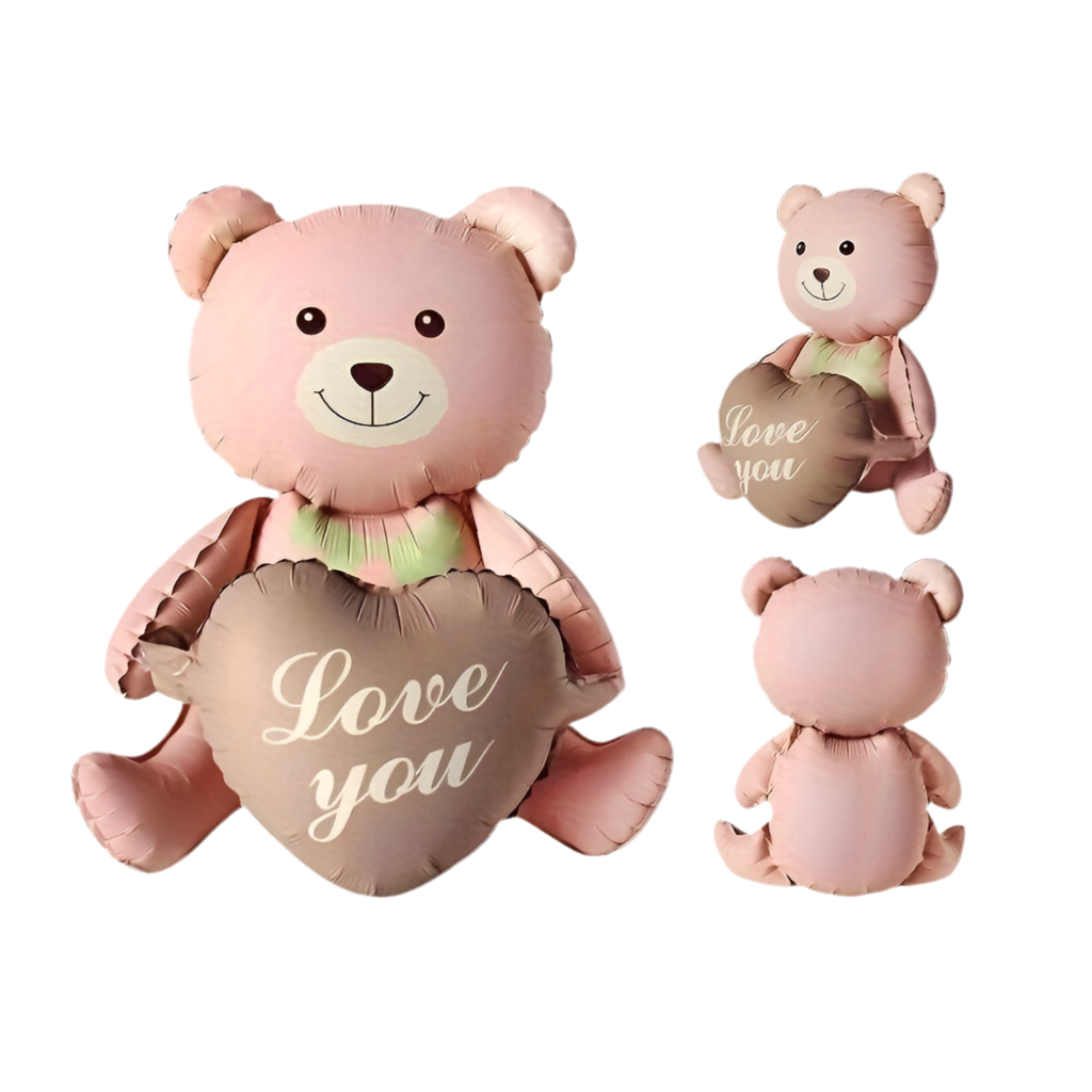 Ballon en forme d’ours rose tenant un cœur rose avec l’inscription ‘Love You'.