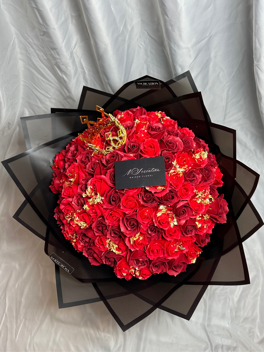 Bouquet de 100 roses rouge éternelles feuilles d'or