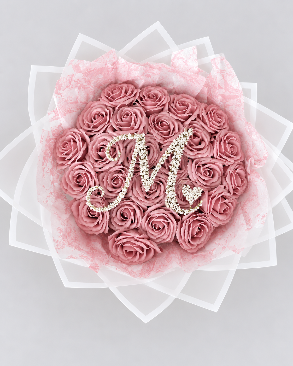 Bouquet ALERA de 25 roses éternelles vieux rose, vue de face