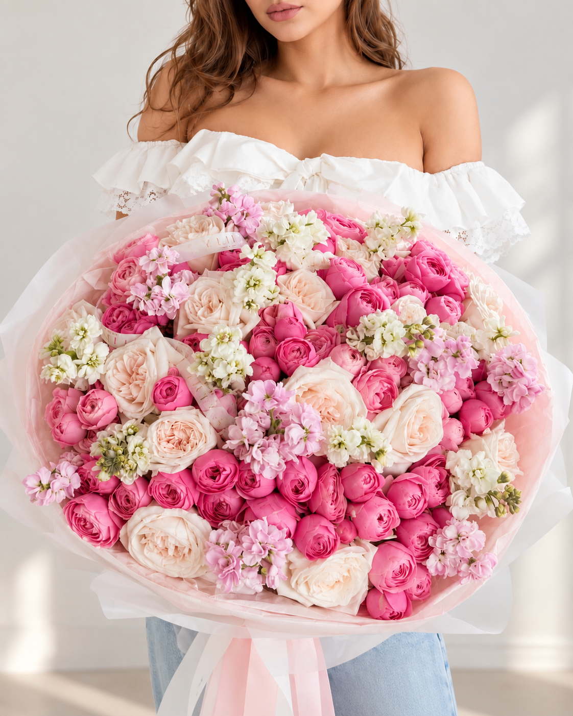 Bouquet ALISSIA de pivoines roses et blanches, vue de face portée