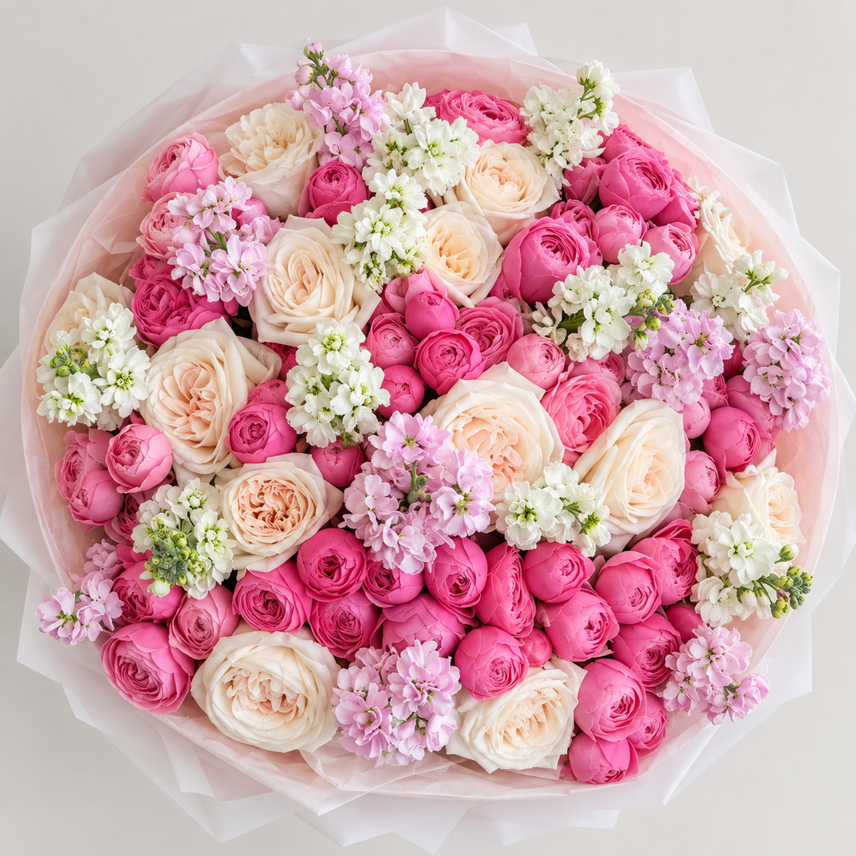 Bouquet ALISSIA de pivoines roses et blanches, vue de face