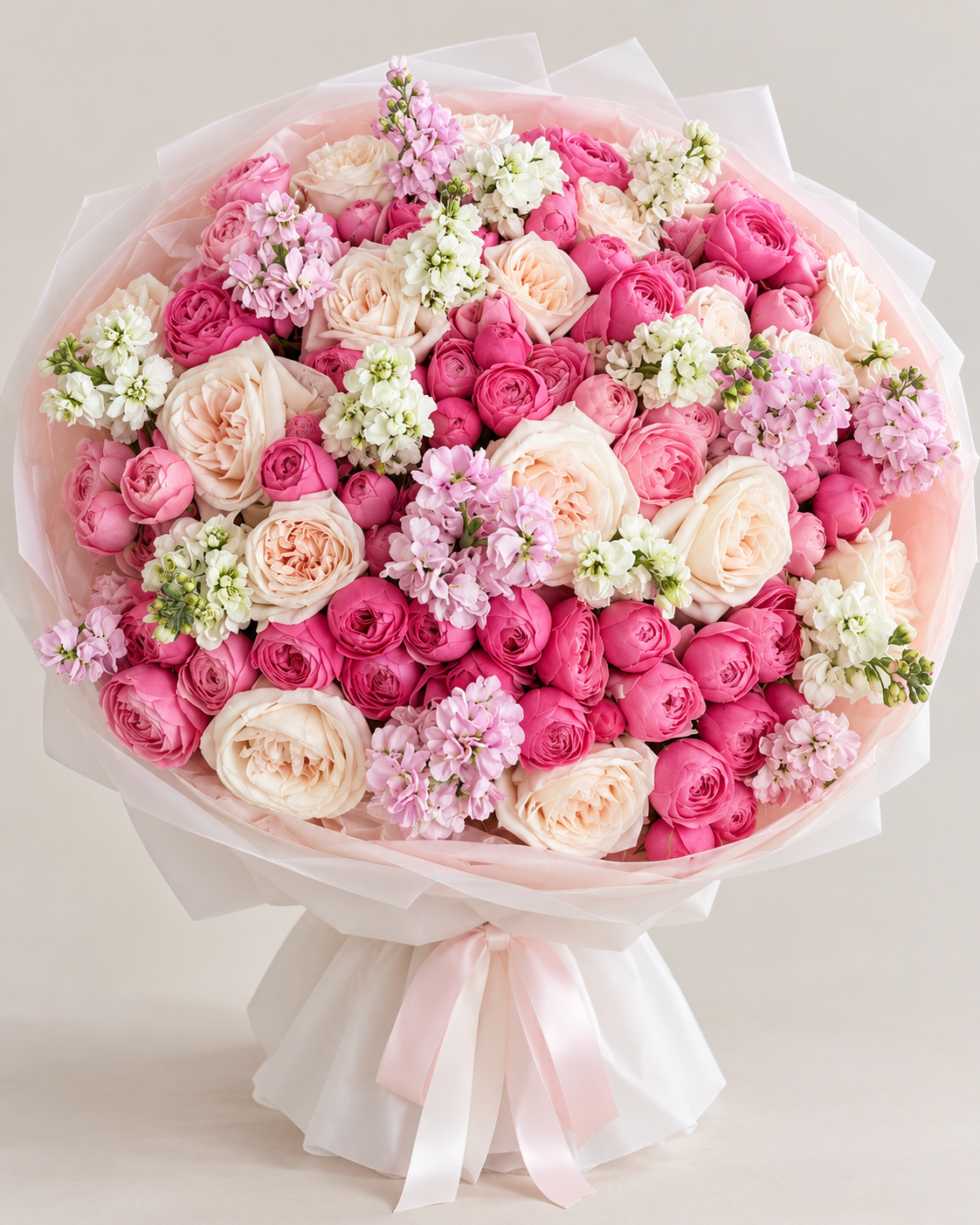 Gros plan sur les pivoines et le delphinium du bouquet ALISSIA