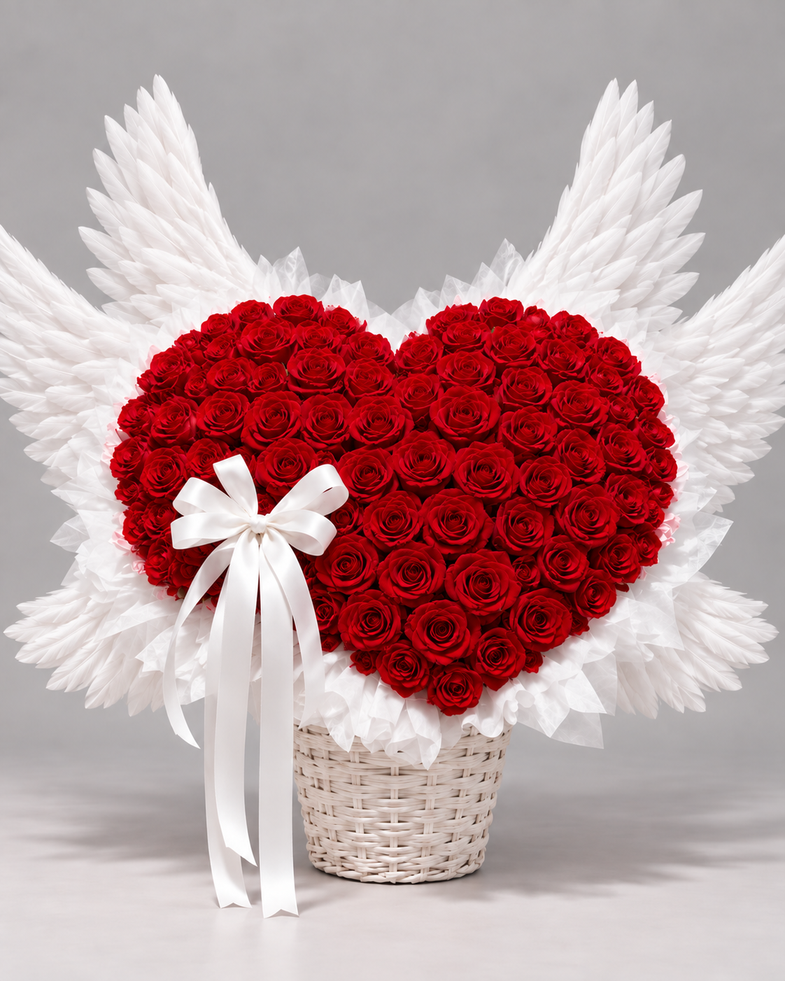 Cœur AMORE de roses éternelles rouges, vue de face avec ailes blanches