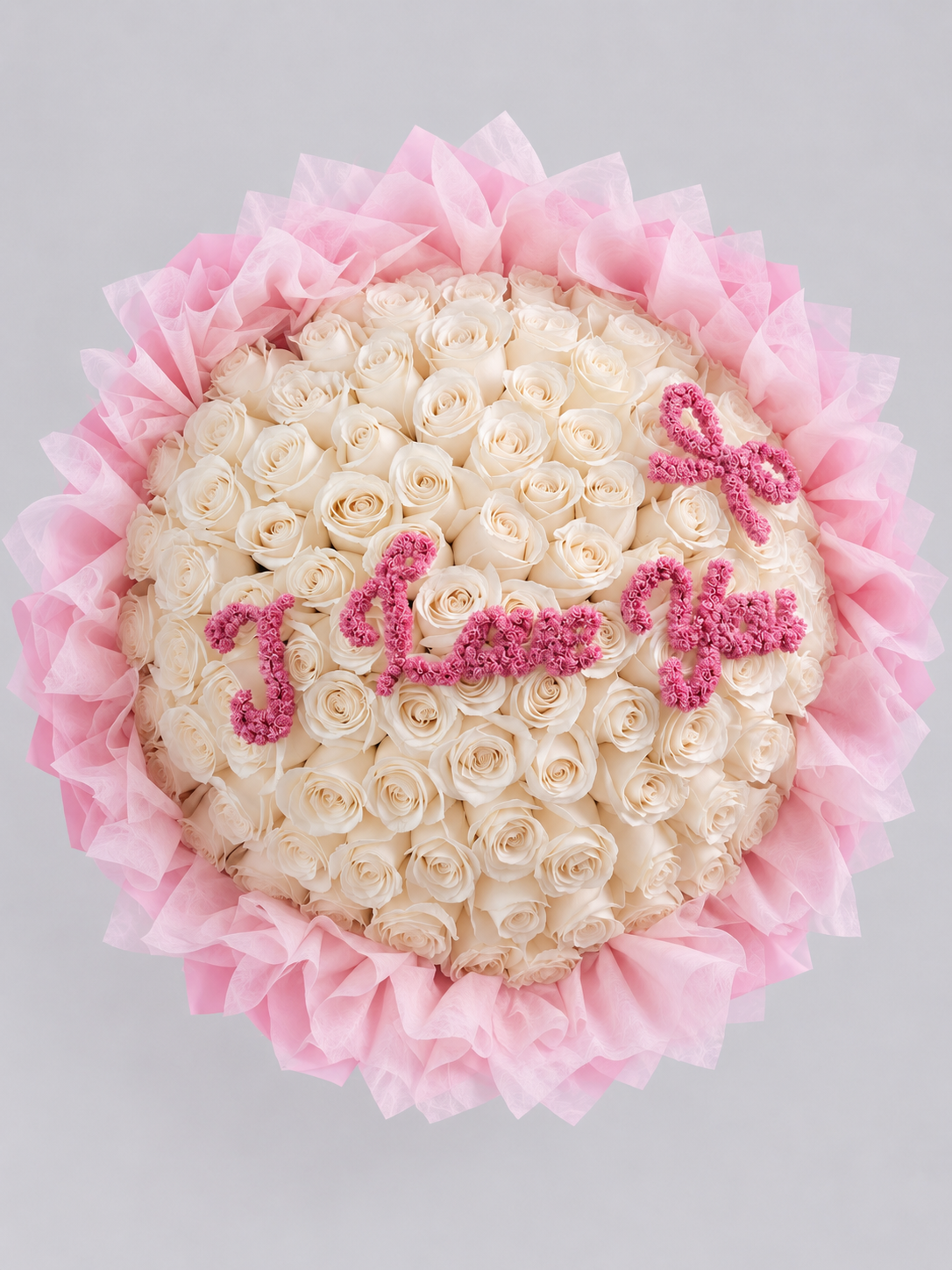 Bouquet Amoureuse de 50 roses blanches avec message I Love You, vu de dessus