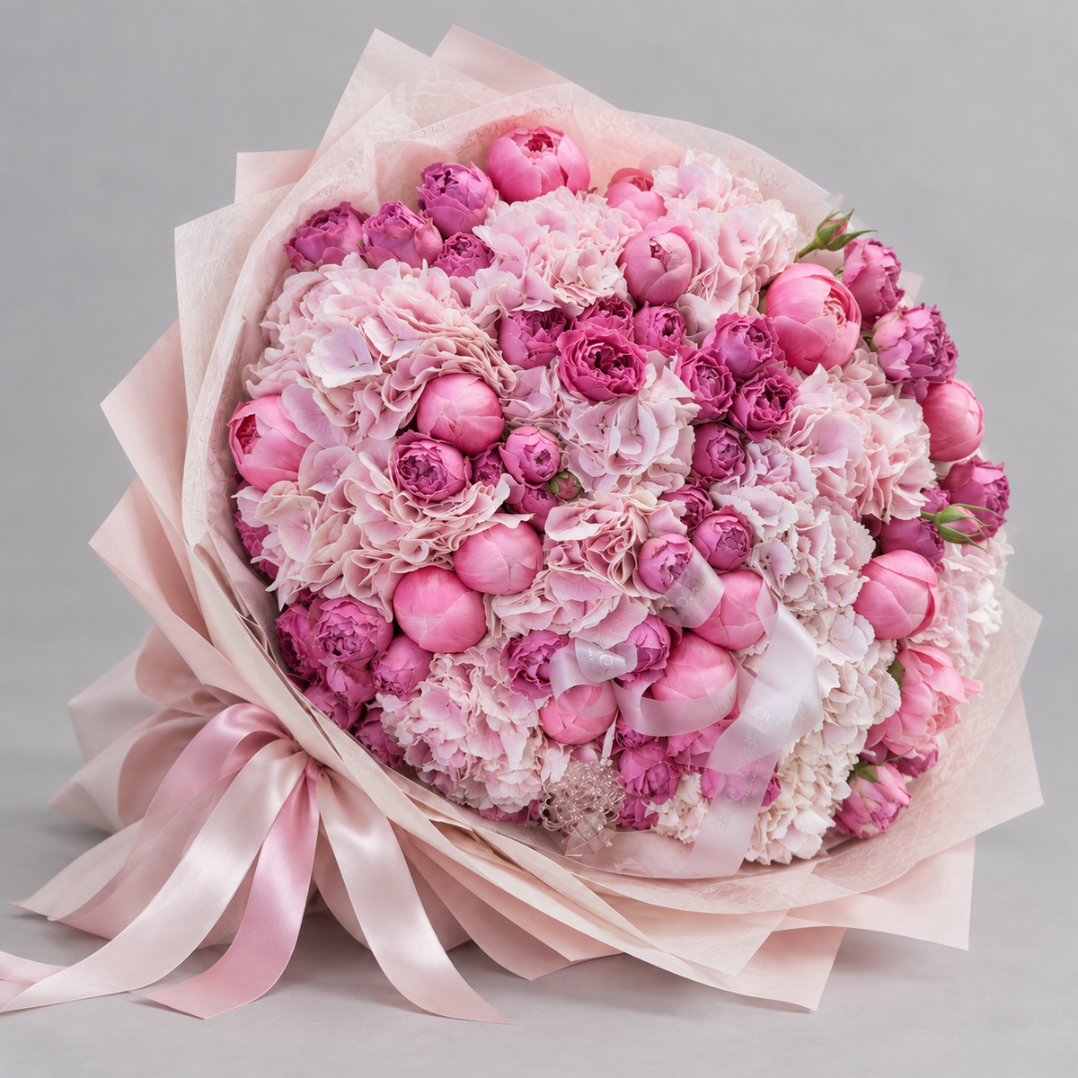 Bouquet ANA d'hortensias et pivoines fraîches, vue de côté