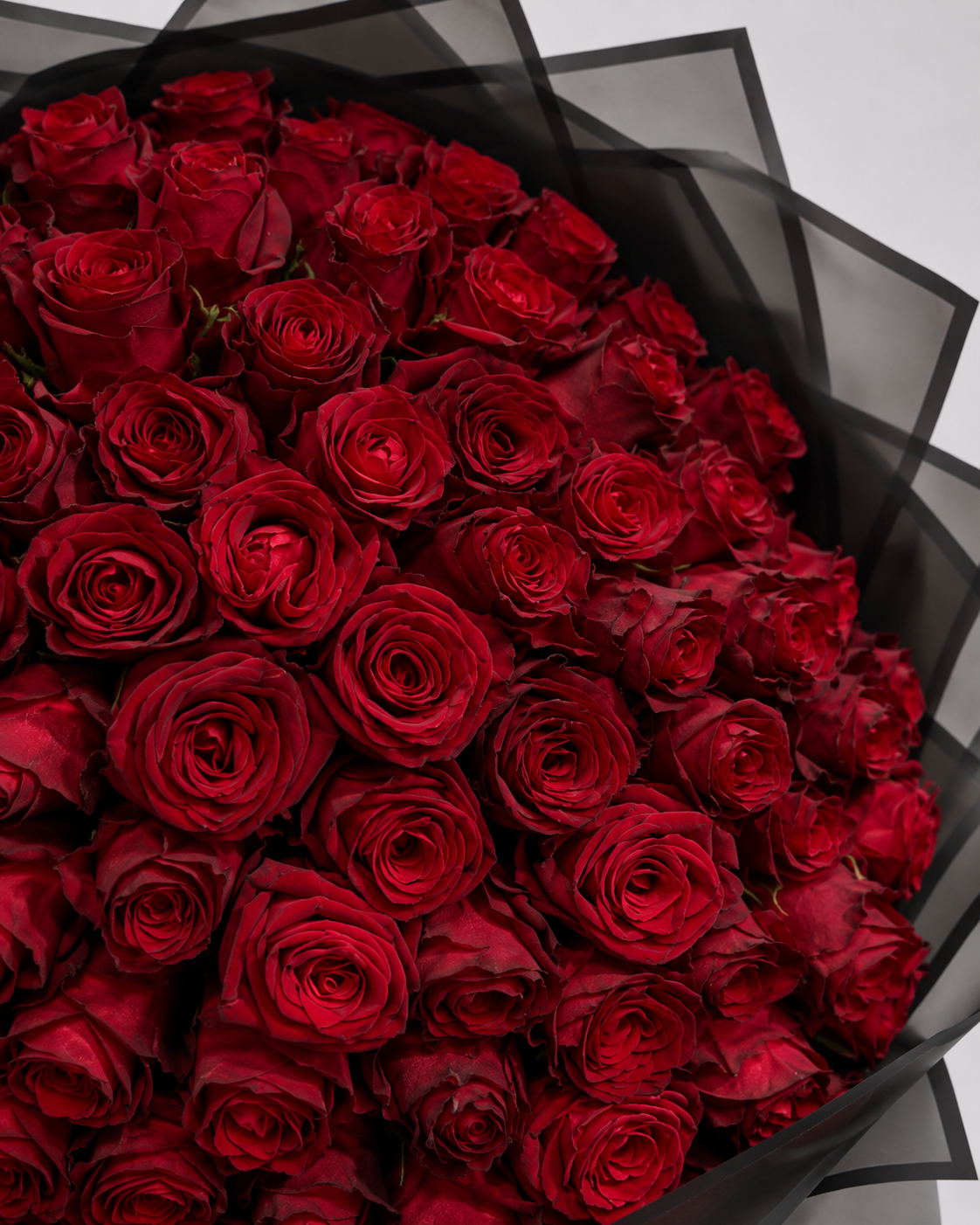 Gros plan sur les roses rouges du bouquet ANASTASIA