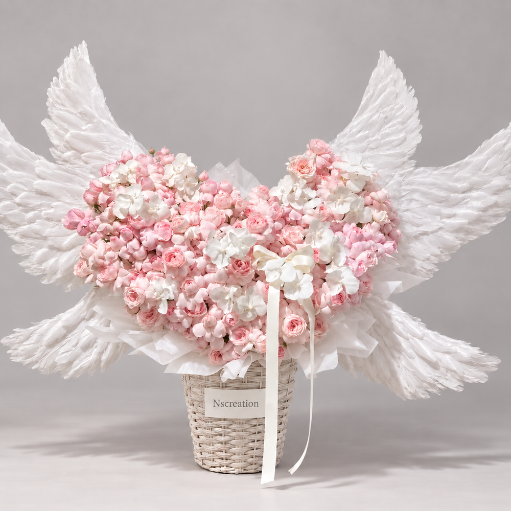 ANGEL, cœur de roses éternelles rose pâle avec ailes blanches, ruban et panier tressé