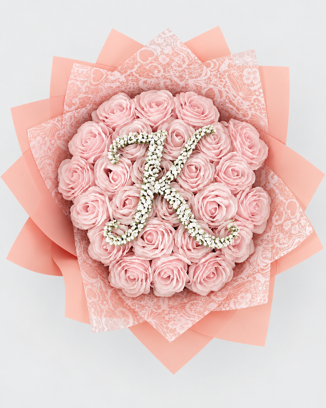 Bouquet ANISA de 25 roses éternelles rose poudré, vue de face