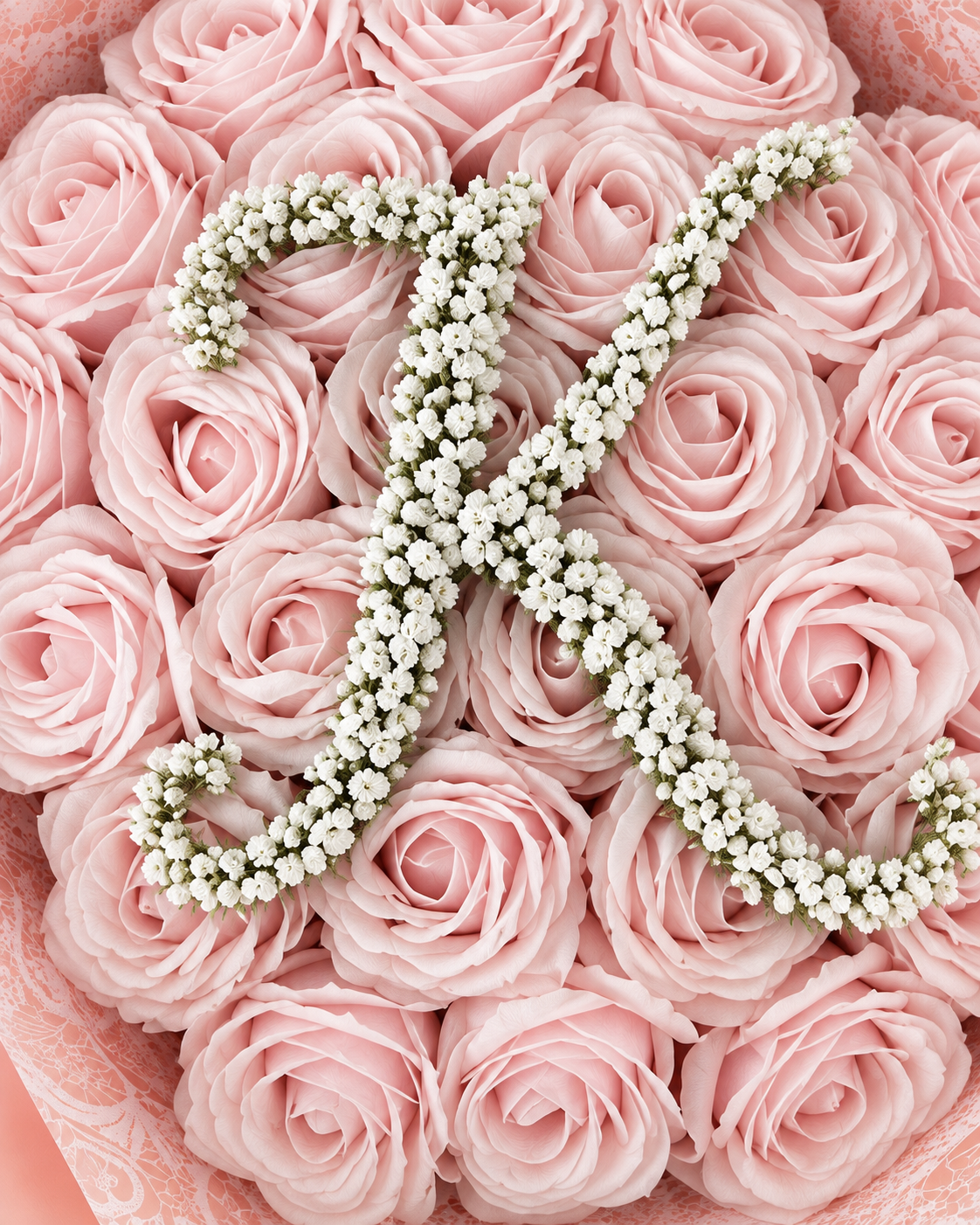 Gros plan sur les roses éternelles rose poudré et la lettre perlée du bouquet ANISA