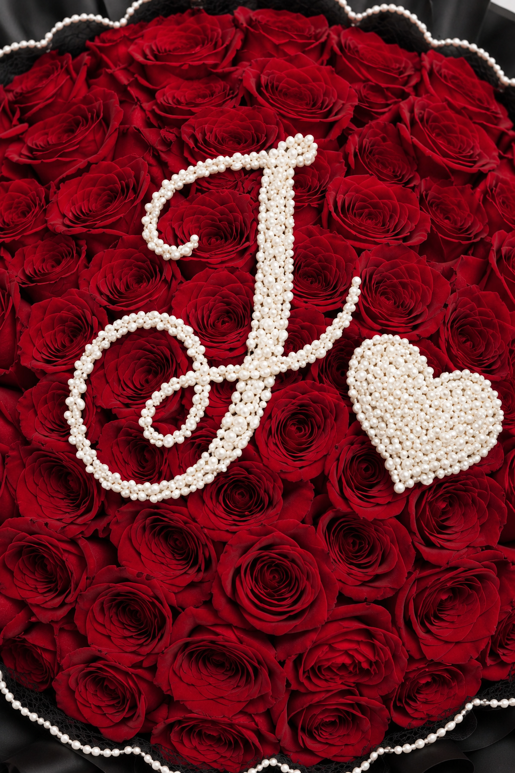 Détail de la lettre J et du cœur en gypsophile sur les roses rouges du bouquet Ava