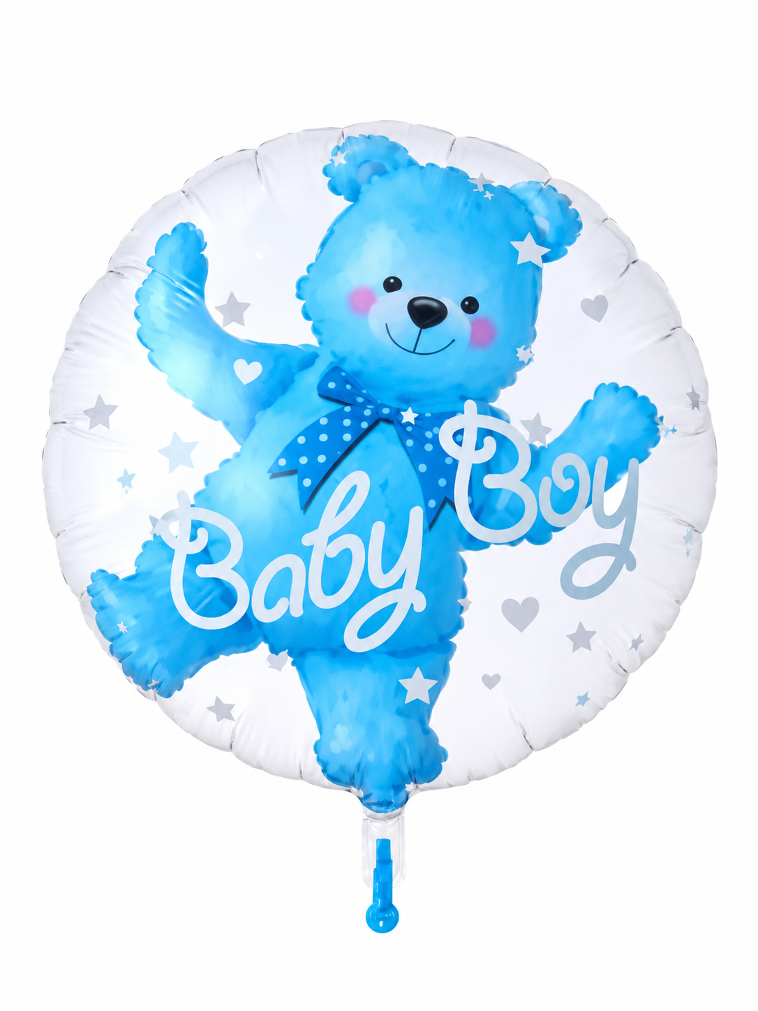 Ballon transparent Baby Boy avec ourson bleu, étoiles et cœurs blancs, vue de face