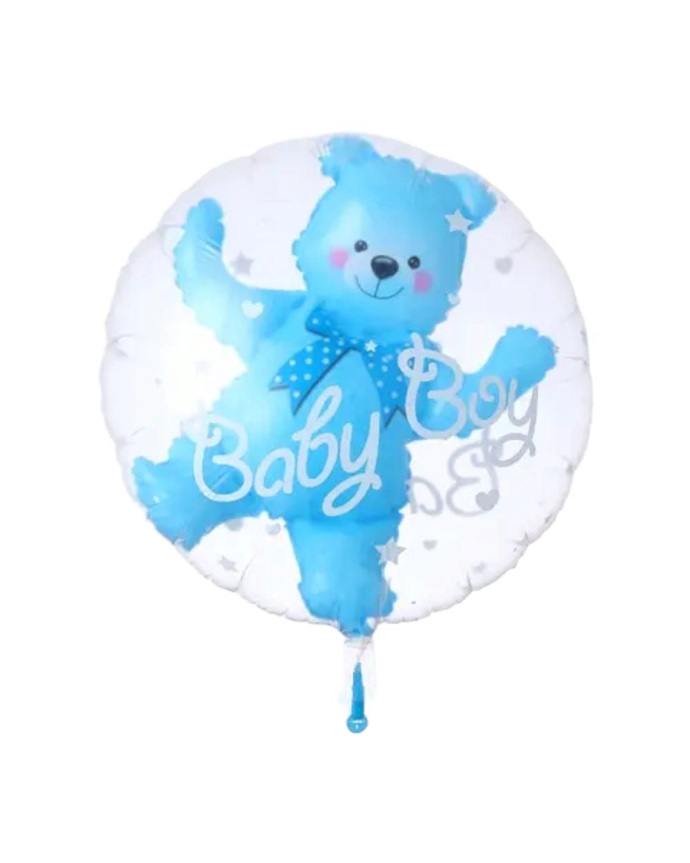Ballon rond transparent avec ourson bleu Baby Boy et attache bleue, fond blanc