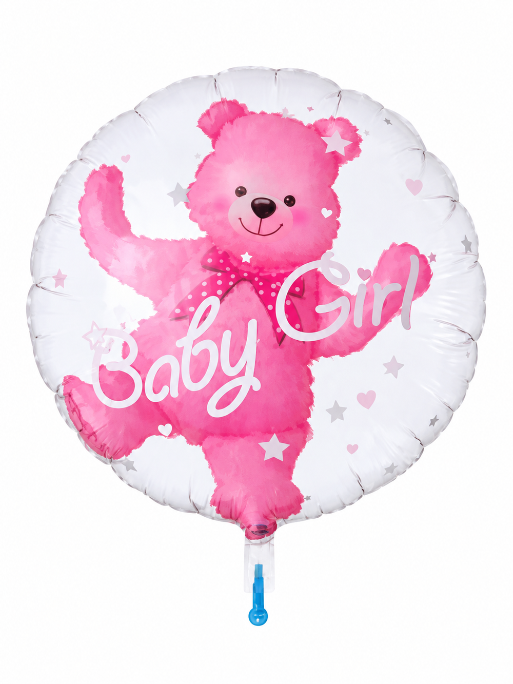 Ballon transparent Baby Girl avec ourson rose, étoiles et cœurs blancs, vue de face