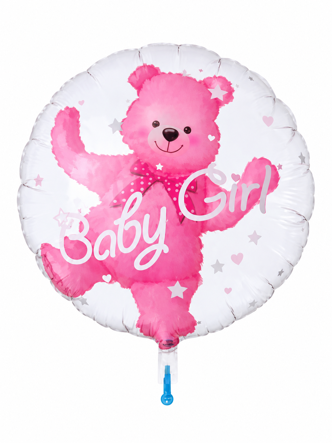 Ballon transparent Baby Girl avec ourson rose, étoiles et cœurs blancs, vue de face