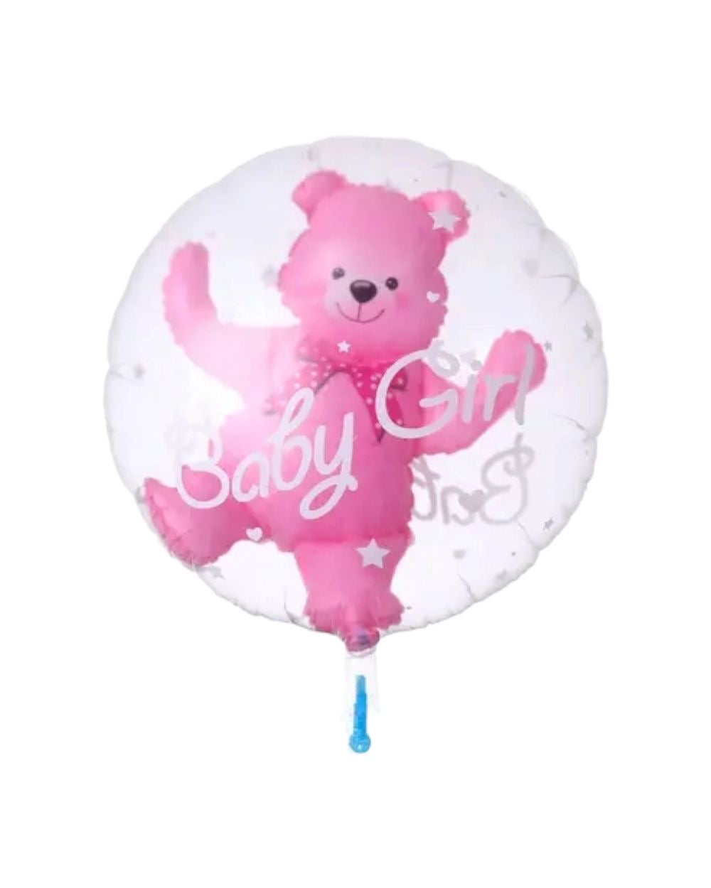 Ballon rond transparent avec ourson rose Baby Girl et attache bleue, fond blanc