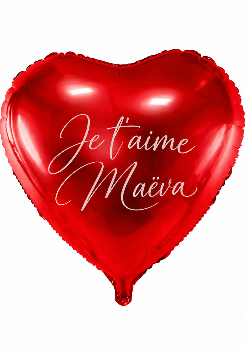 Ballon cœur rouge brillant personnalisé avec le message Je t'aime et un prénom