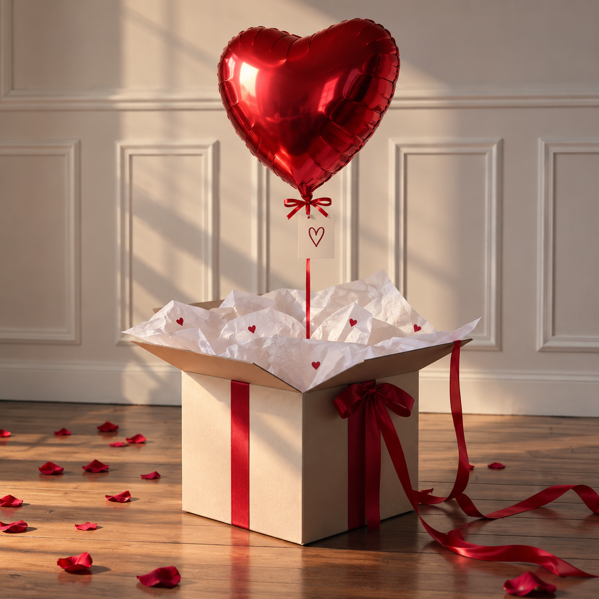 Ballon cœur rouge s'échappant d'une boîte cadeau ouverte entourée de pétales de roses