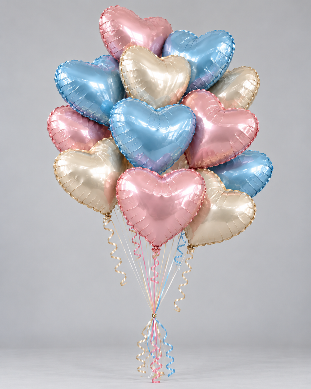 Bouquet de ballons Boy and Girl, ballons cœur bleus, roses et crème sur socle avec ficelles