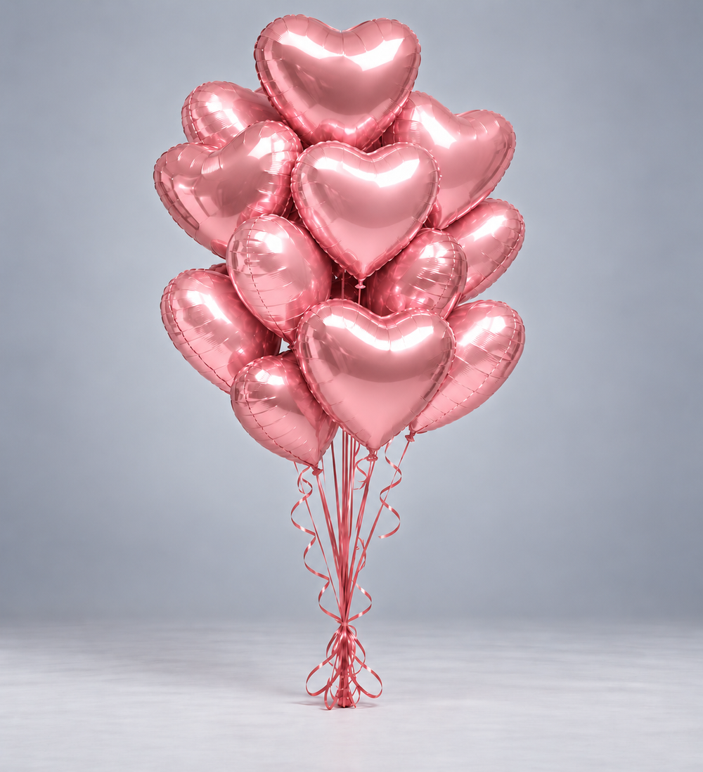 Bouquet de ballons cœurs roses gonflés à l'hélium, avec rubans roses, fond gris