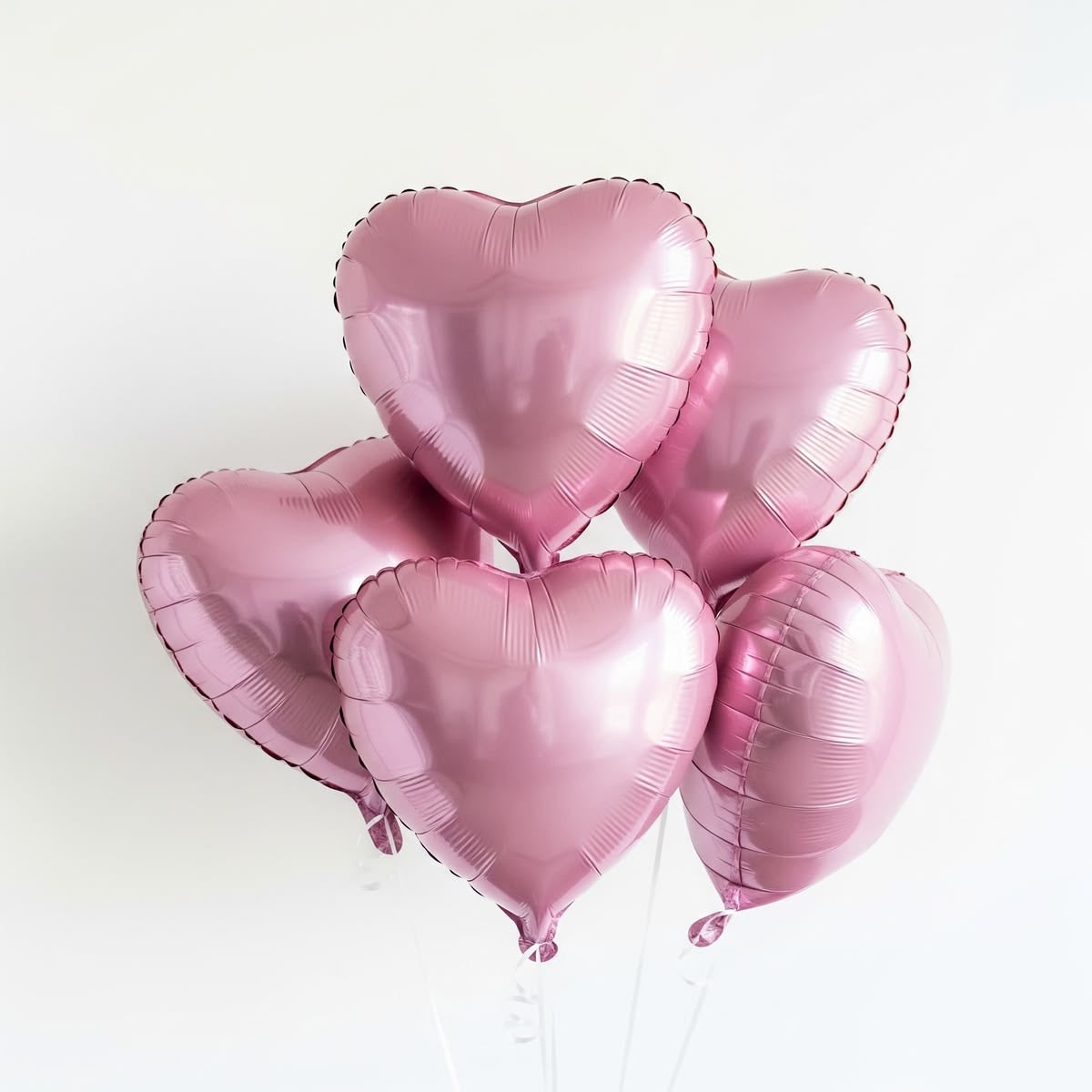 Cinq ballons cœurs rose pastel flottant sur fond blanc