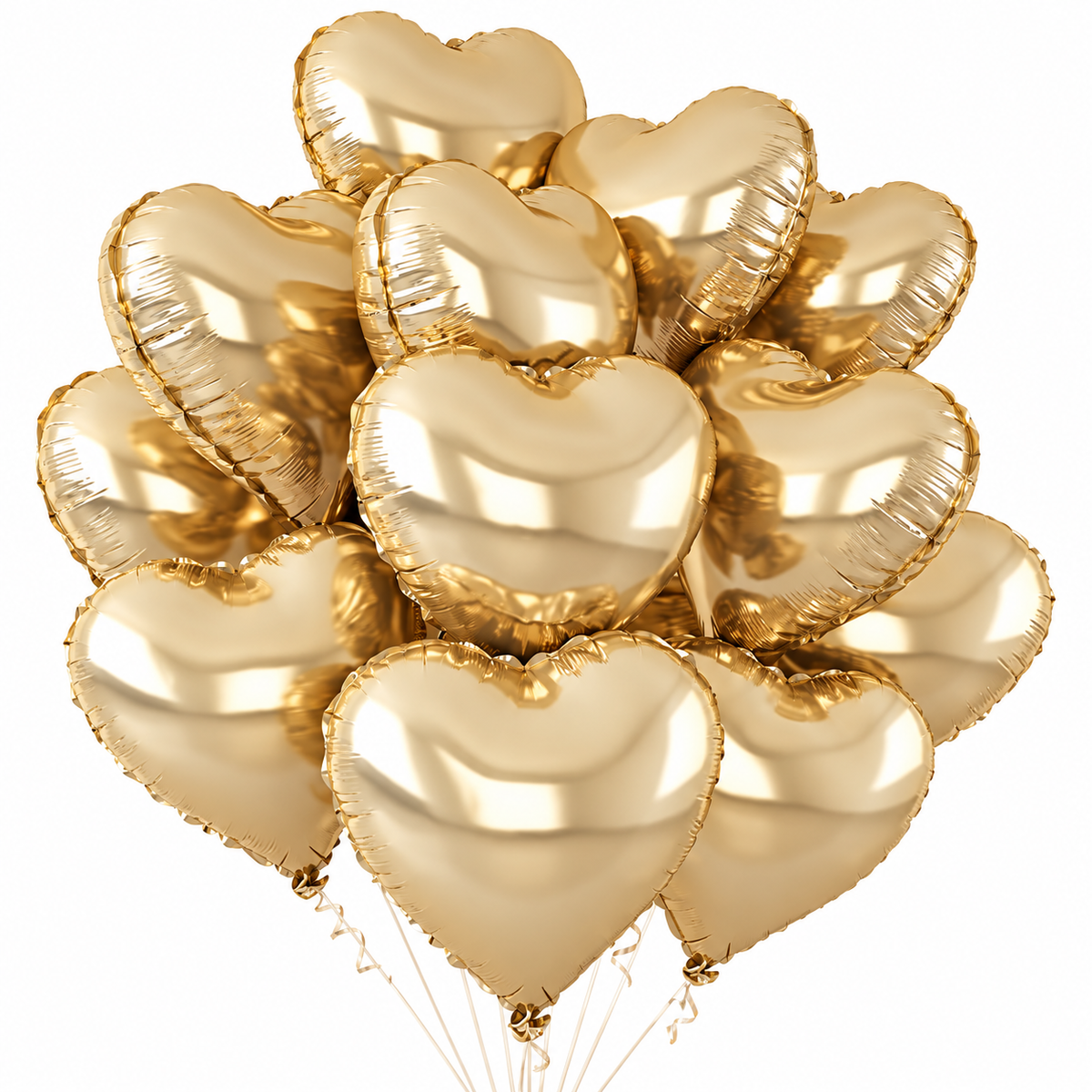 Gros plan sur les ballons cœur dorés brillants du bouquet de ballons dorés, fond blanc