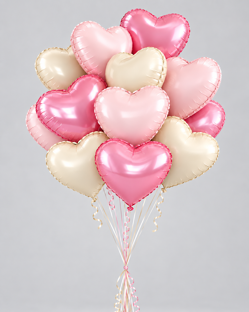 Bouquet de ballons douceur sucrée, ballons cœur rose bonbon, rose pâle et crème sur socle avec ficelles