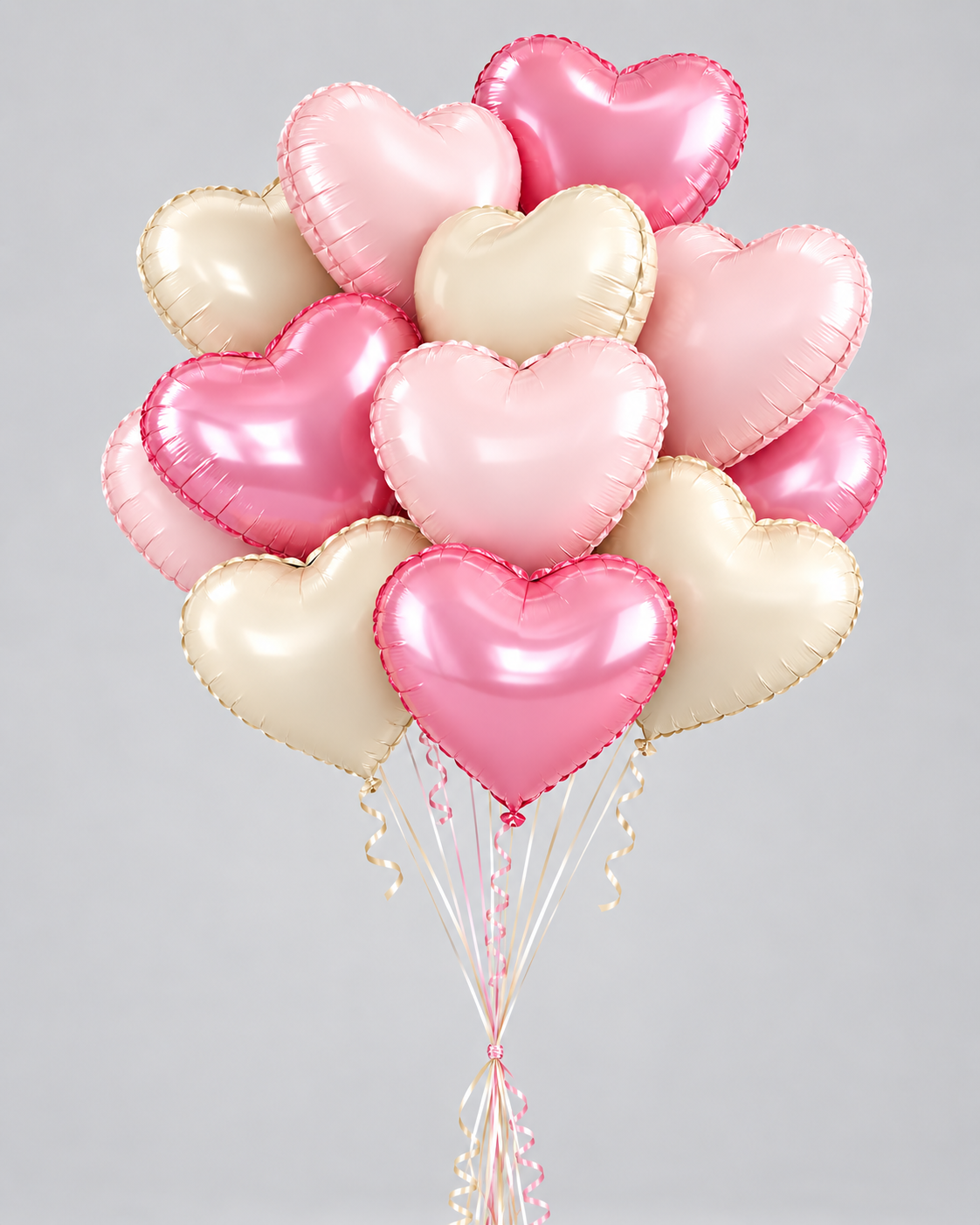 Bouquet de ballons douceur sucrée, ballons cœur rose bonbon, rose pâle et crème sur socle avec ficelles