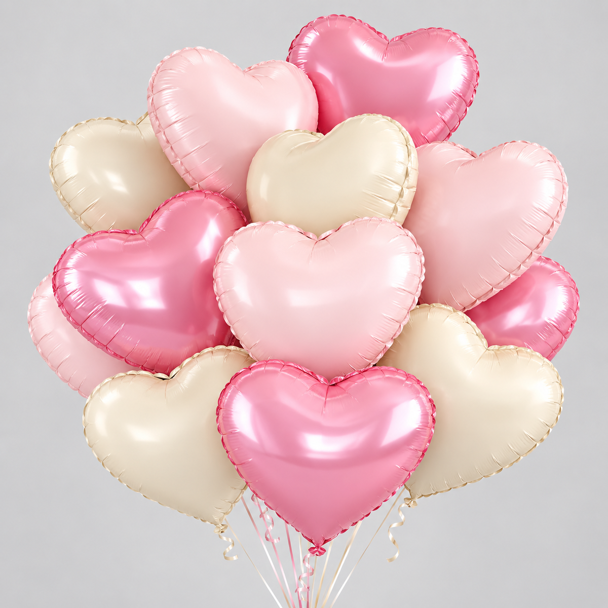 Gros plan sur les ballons cœur rose et crème du bouquet de ballons douceur sucrée