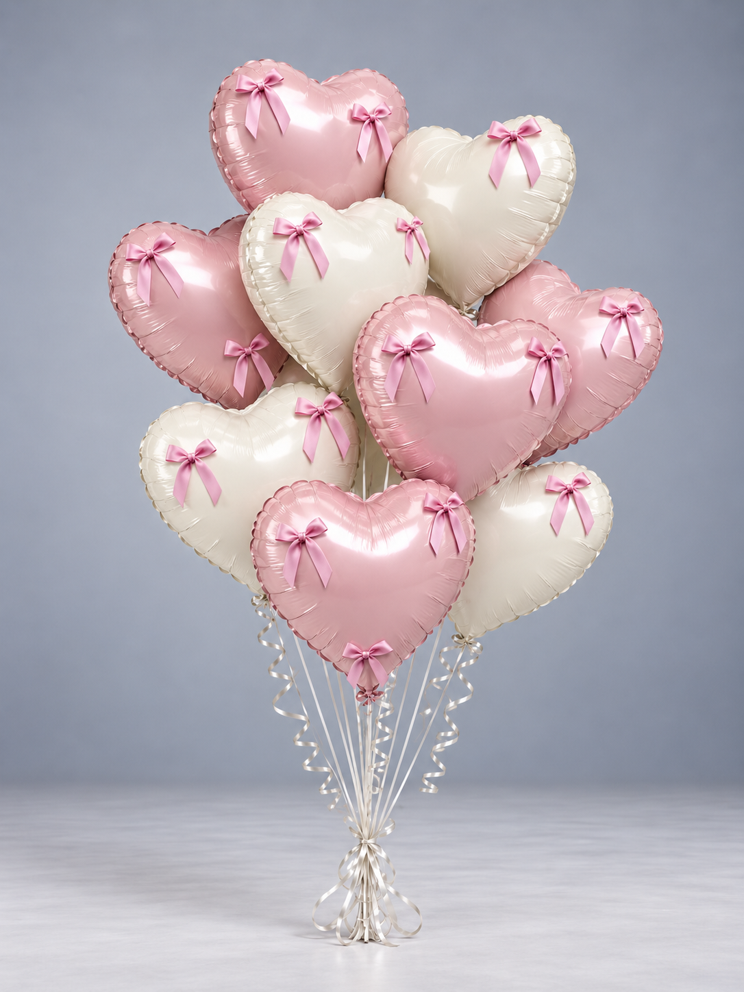 Bouquet de ballons girly, ballons cœur rose poudré et crème avec petits nœuds roses, sur socle
