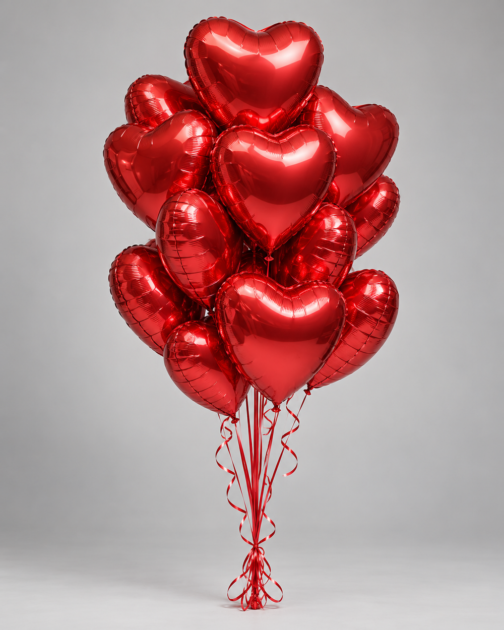 Bouquet de ballons love, ballons cœur rouges brillants sur socle avec ficelles rouges