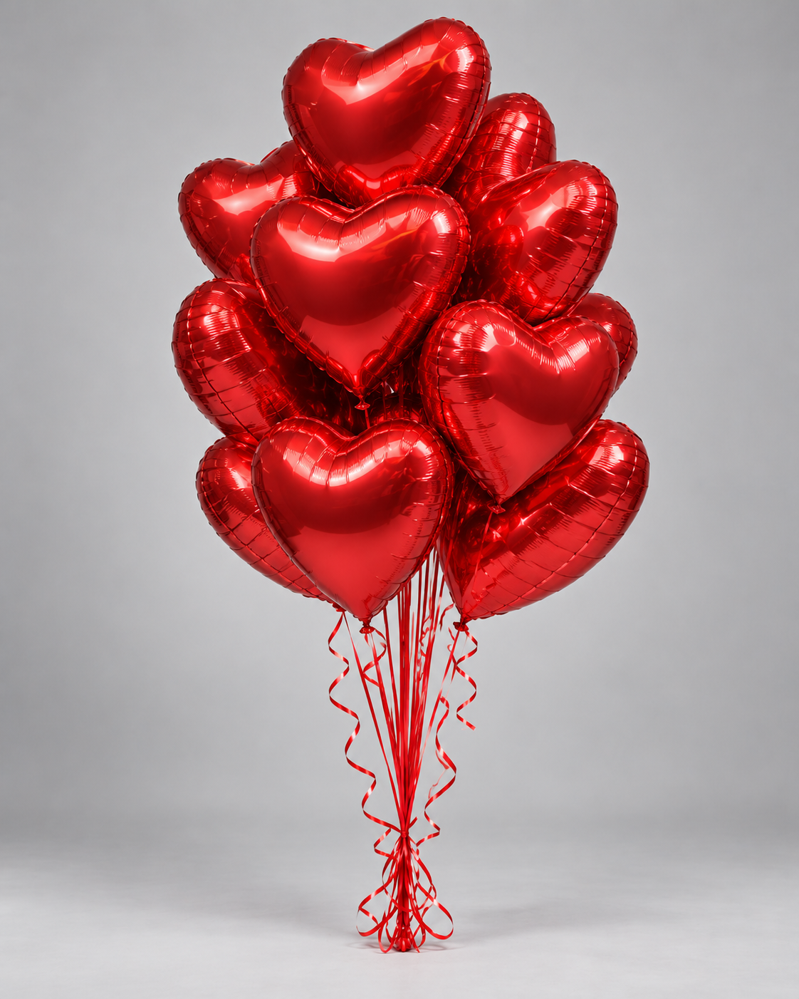 Bouquet de ballons cœur rouges love avec ficelles rouges, fond gris