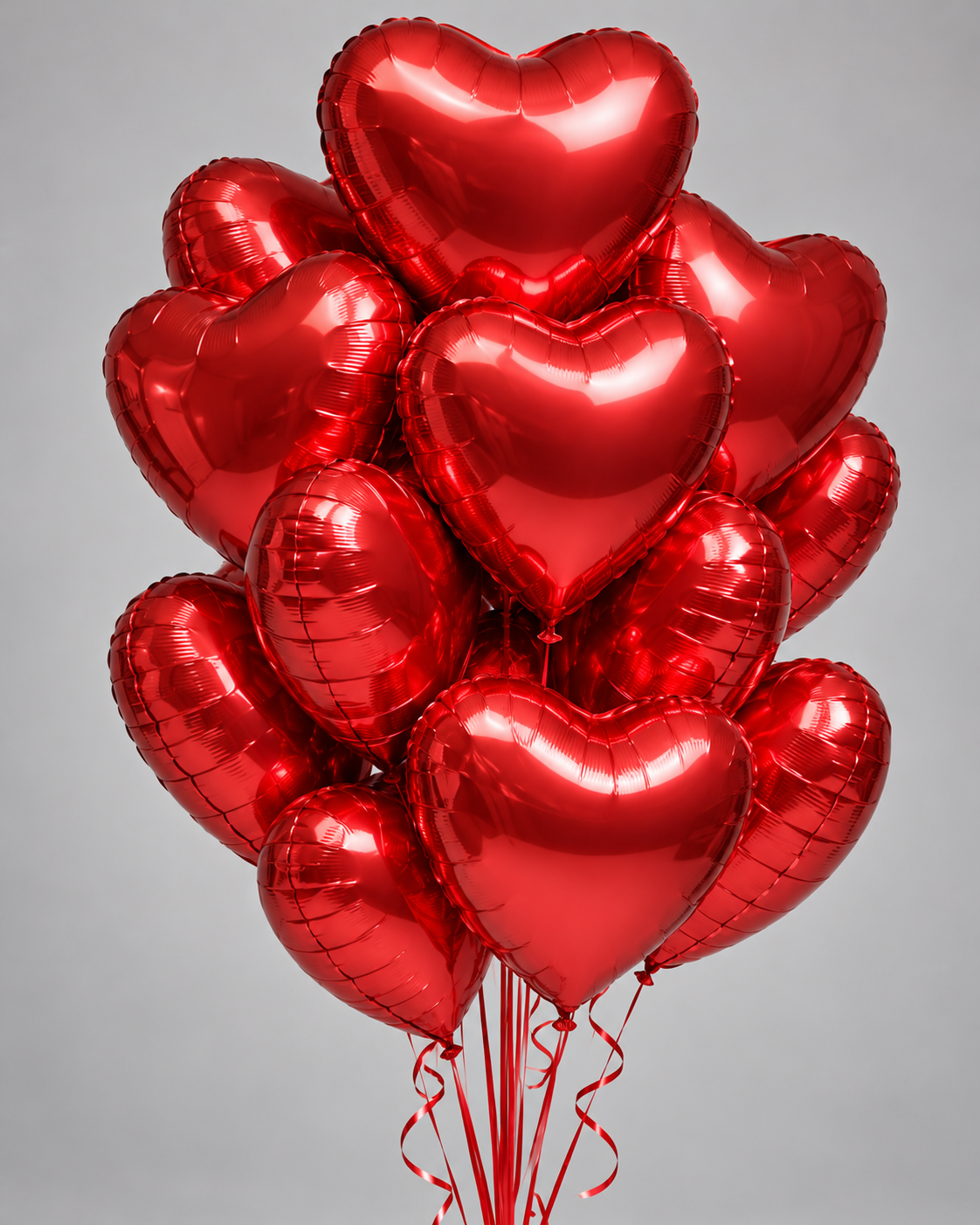 Gros plan sur les ballons cœur rouges brillants du bouquet de ballons love