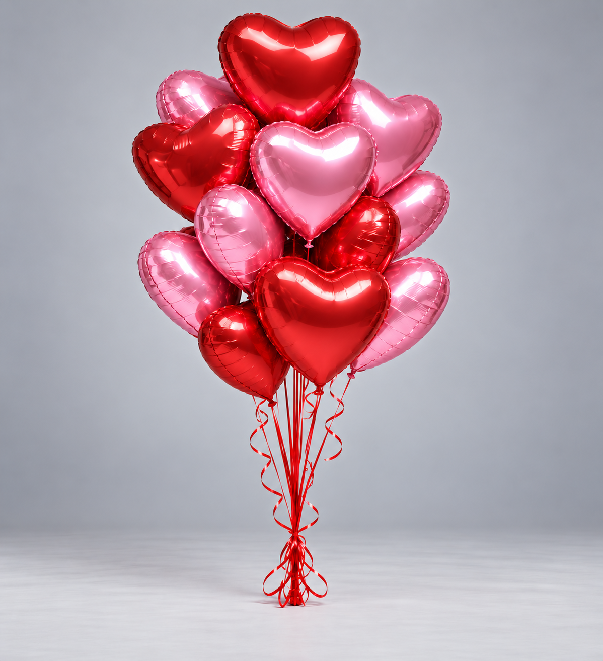 Bouquet de ballons passionné, ballons cœur rouges et roses brillants sur socle avec ficelles rouges