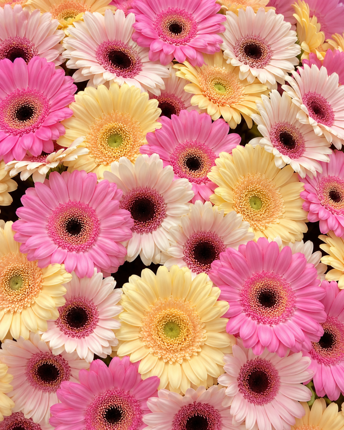 Gros plan sur les gerberas frais roses, jaunes et crème du bouquet Cosette