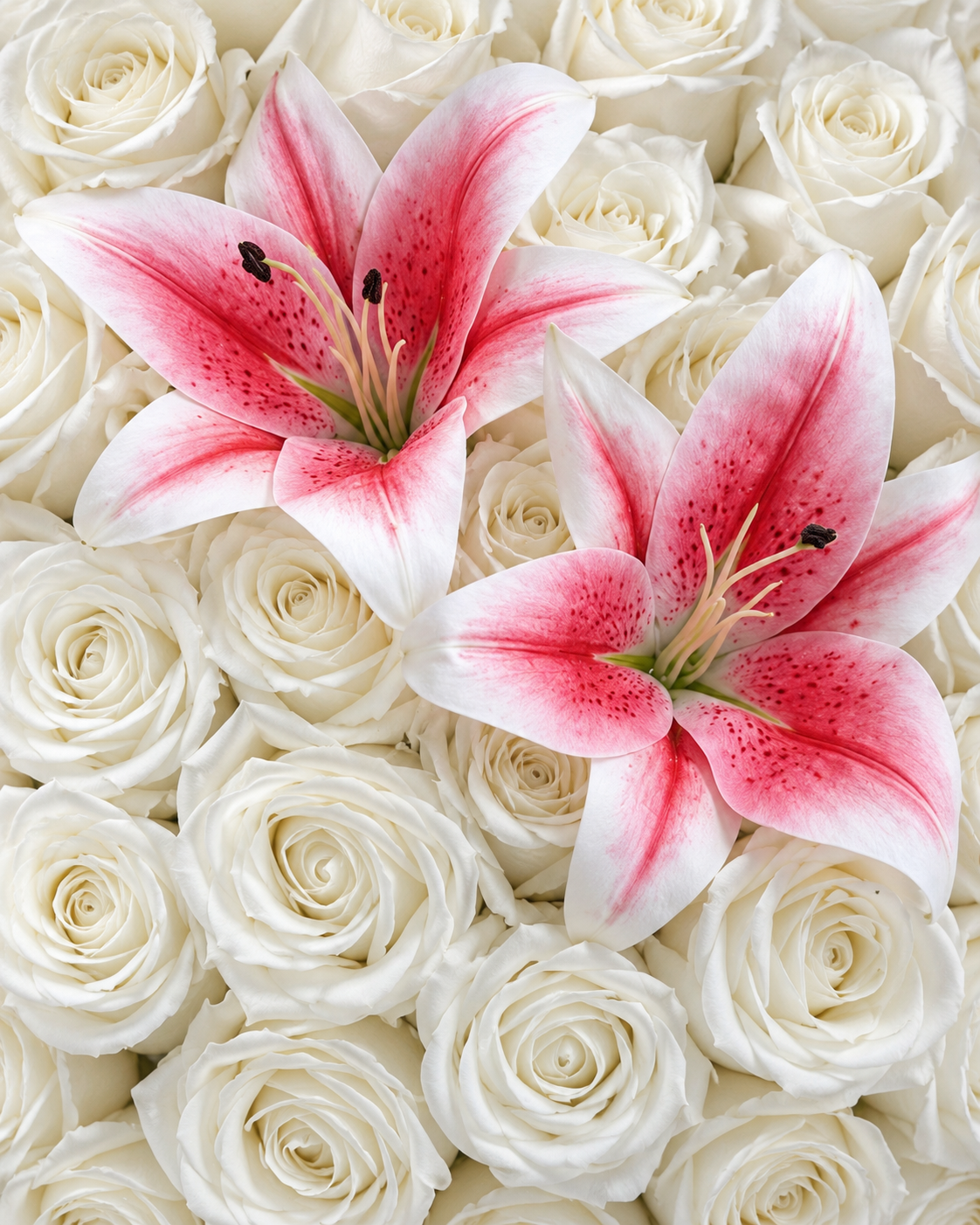 Gros plan sur les deux lys roses et les roses blanches du bouquet Lilas