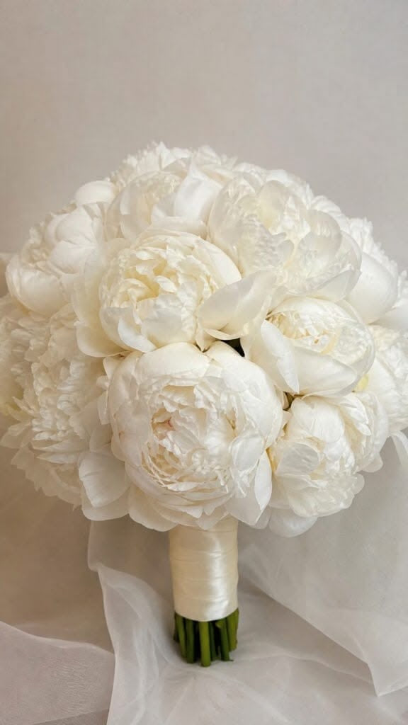 Tiges du bouquet de mariée Alba de pivoines blanches habillées d'un ruban crème