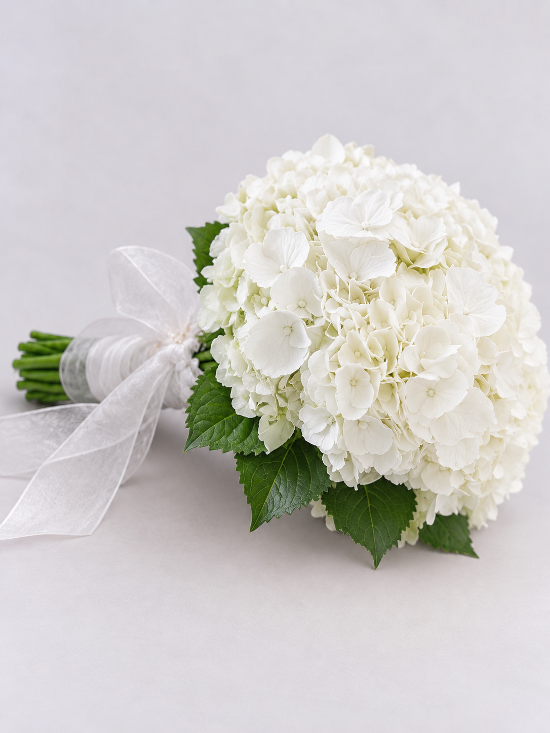 Bouquet de mariée Alexandra d'hortensias blancs avec feuillage et ruban, posé sur fond clair