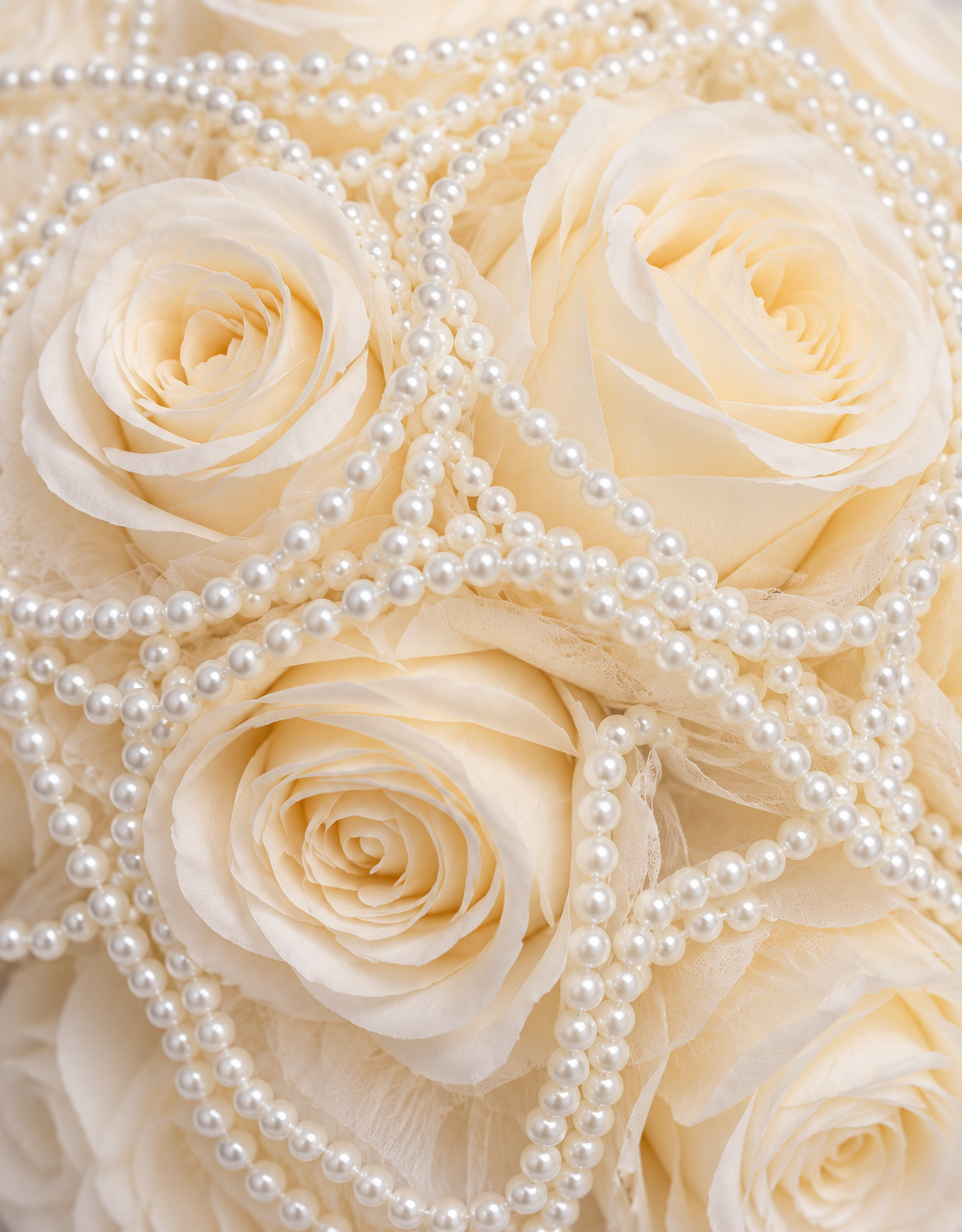 Gros plan sur les roses artificielles crème et les chaînes de perles du bouquet Divas