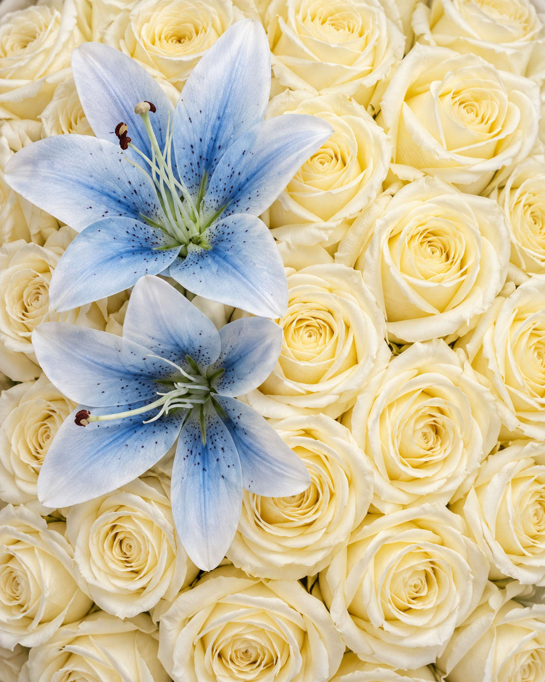 Gros plan sur les deux lys bleu ciel et les roses vanille du bouquet Vaea