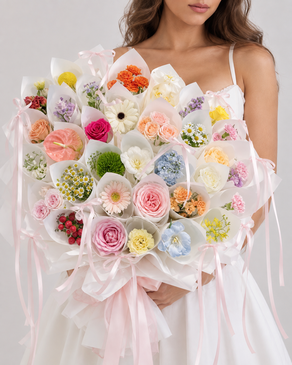 CAPRICE, bouquet de fleurs fraîches multicolores aux teintes pastel, tenu à la main