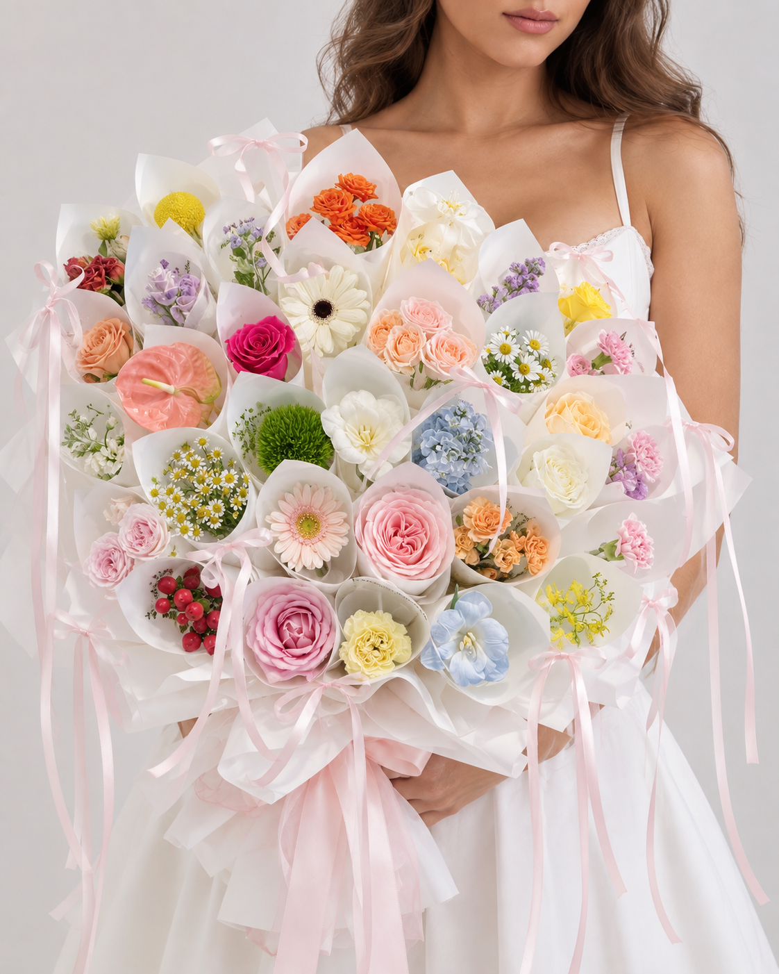 CAPRICE, bouquet de fleurs fraîches multicolores aux teintes pastel, tenu à la main